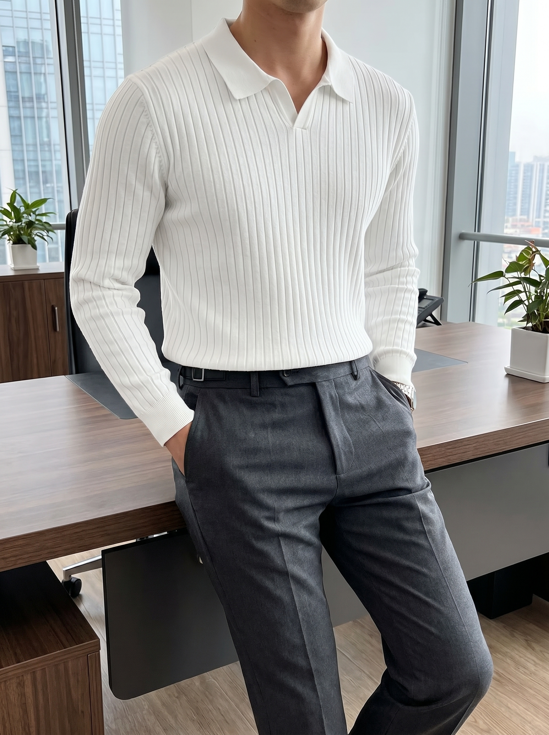 男士竖坑条翻领针织 POLO 衫 无扣 V 领长袖毛衣 轻商务休闲百搭上衣