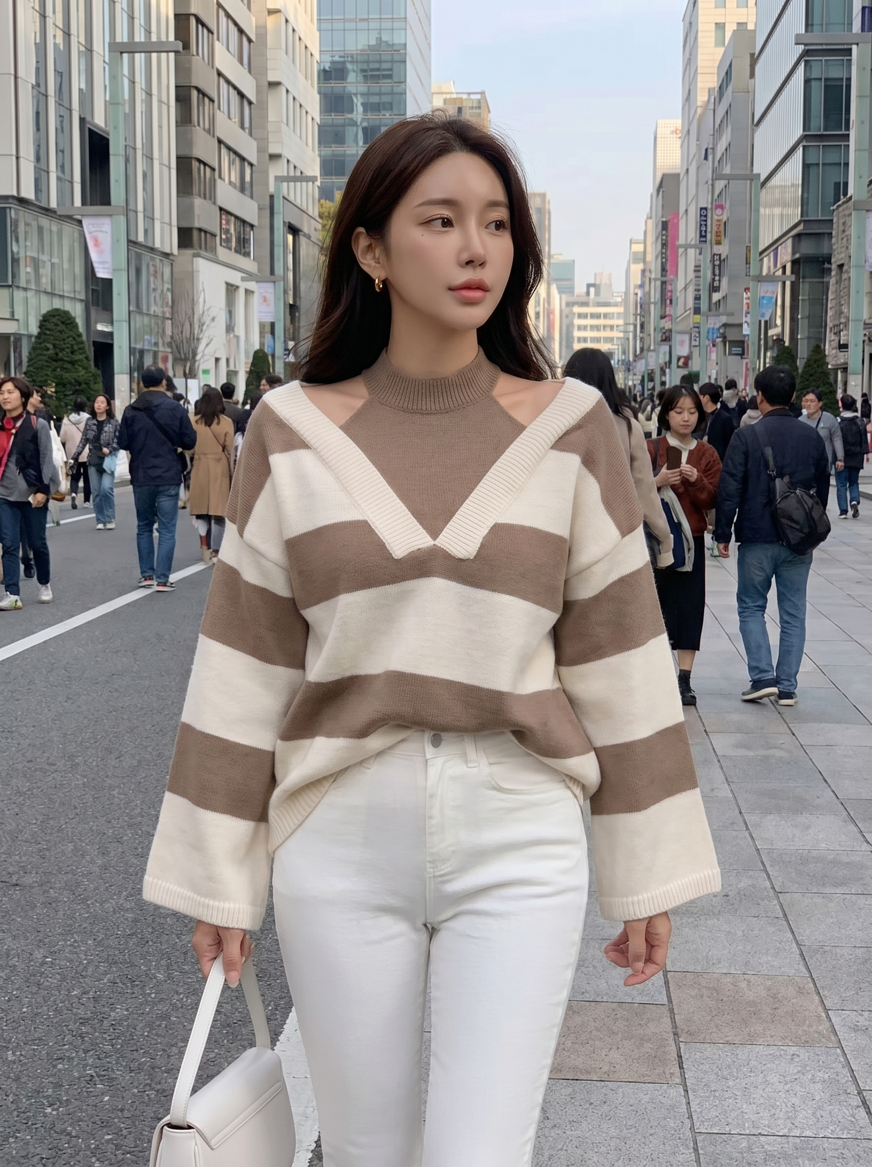 女士不对称露肩针织毛衣 撞色条纹软糯亲肤宽松上衣 秋冬内搭外穿款
