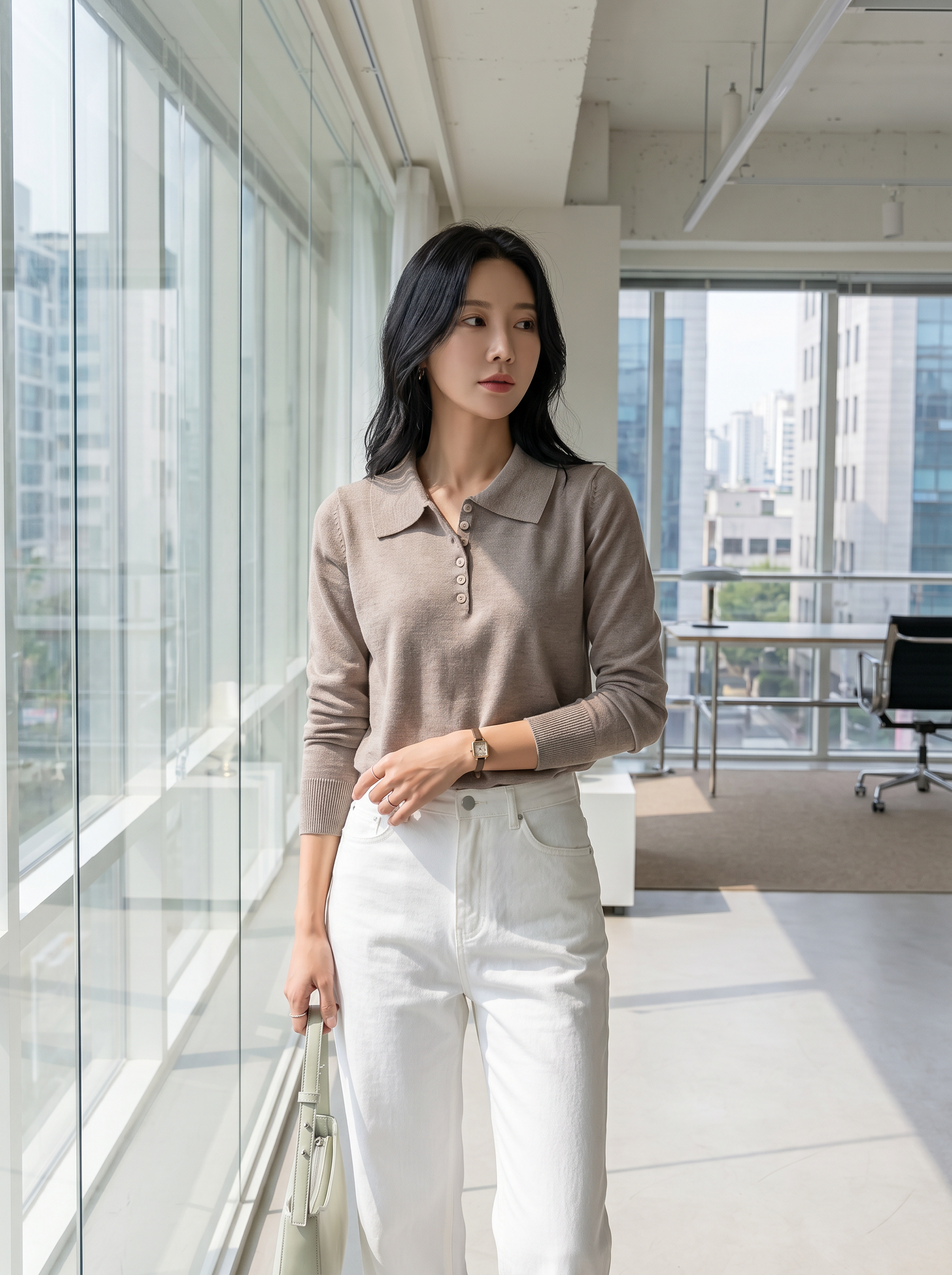 女士 Polo 翻领针织衫 半开襟纽扣长袖上衣 修身显瘦通勤百搭毛衣