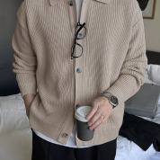 Men's Polo lapel knitted cardigan single-breasted cramp texture loose coat light cooked style all-match sweater