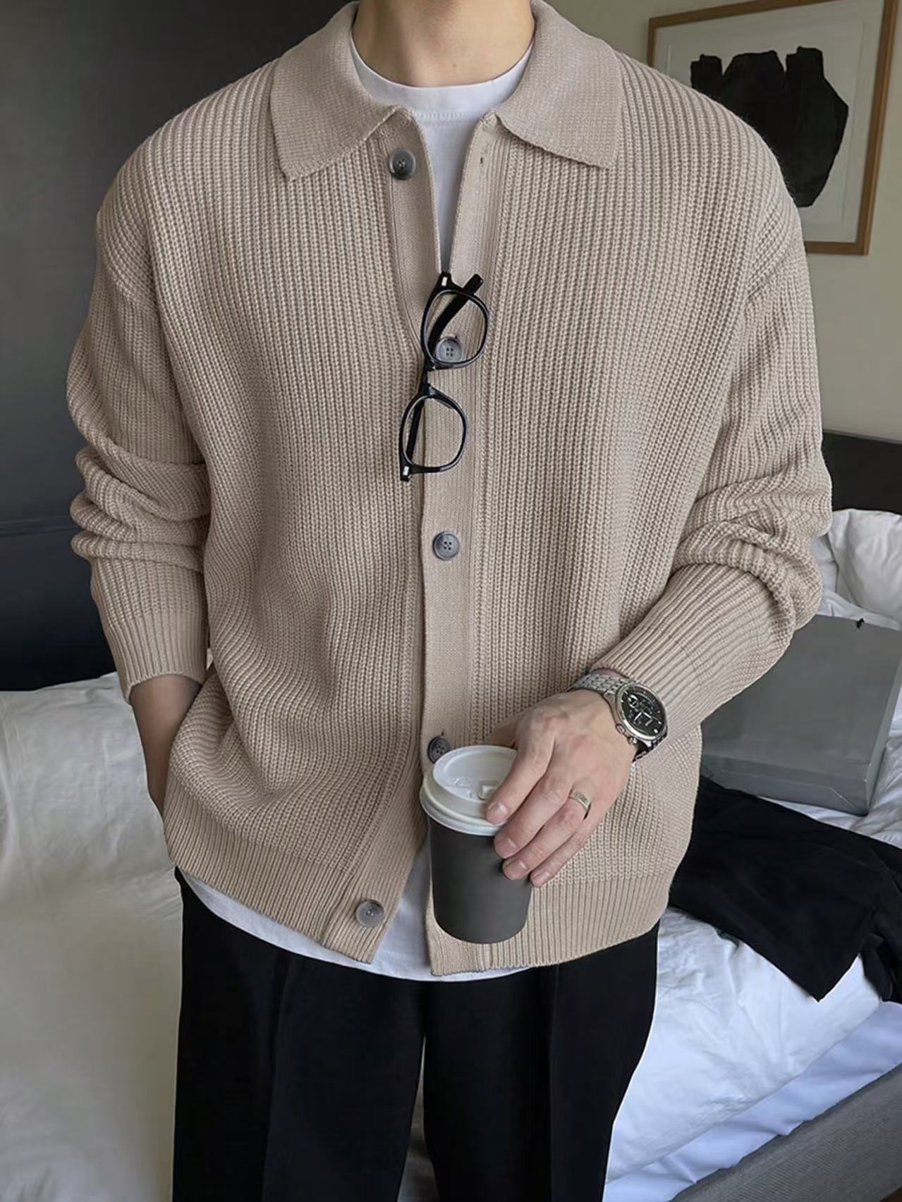 男士 Polo 翻领针织开衫 单排扣坑条肌理宽松外套 轻熟风百搭毛衣