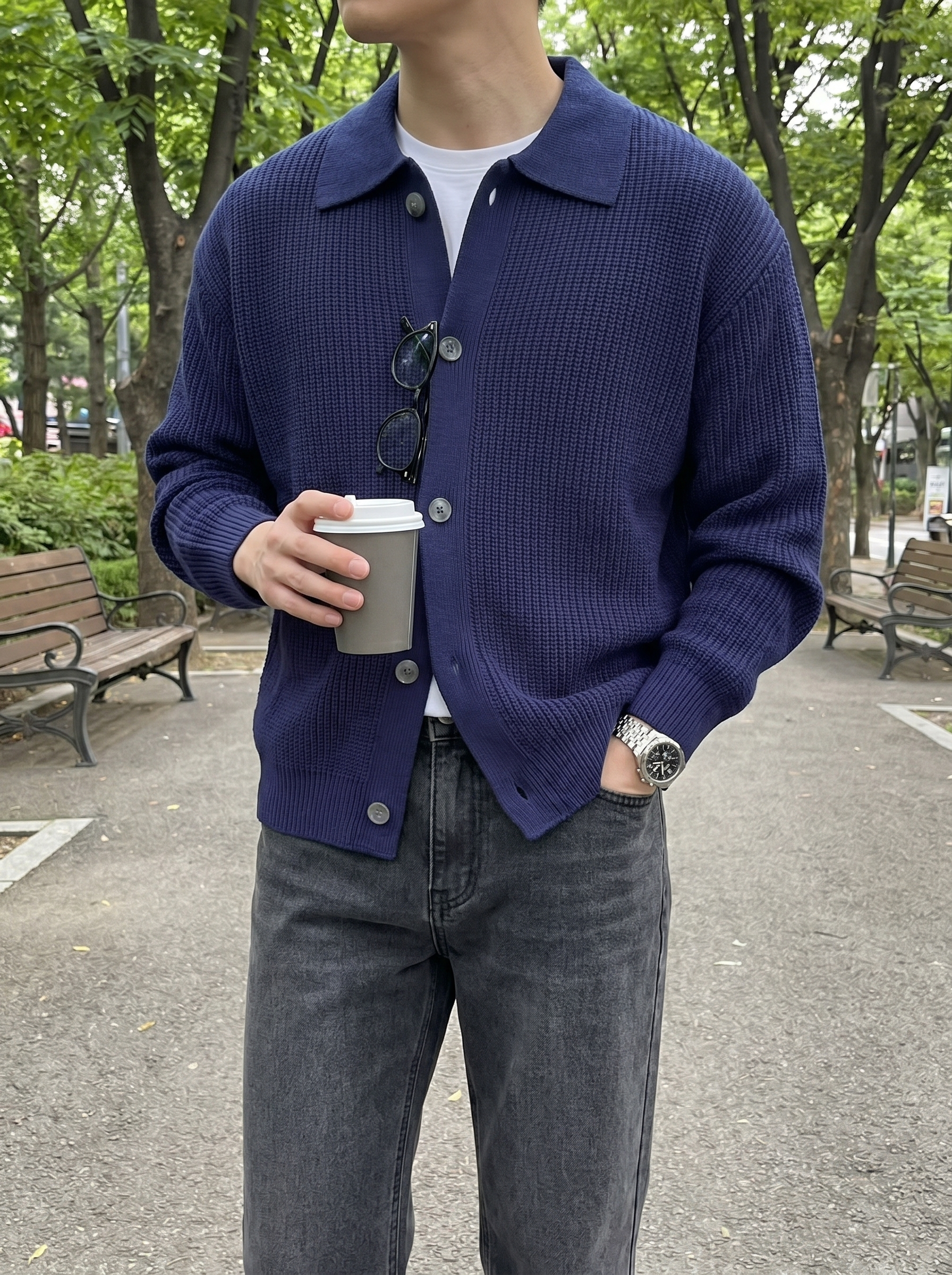男士 Polo 翻领针织开衫 单排扣坑条肌理宽松外套 轻熟风百搭毛衣