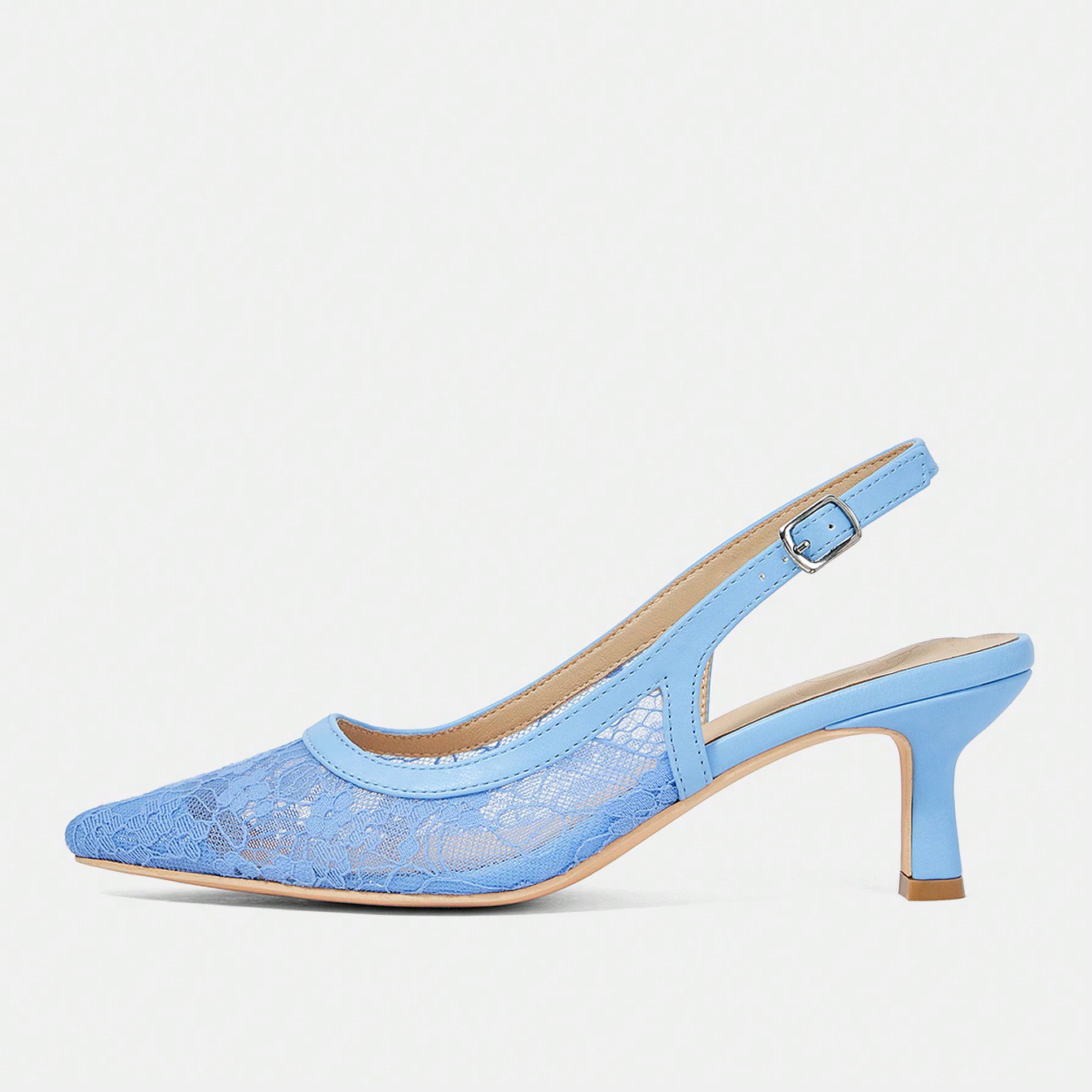 Women's Blue Lace Pointed Toe Kitten Heel Slingback Sandals with Buckle - Elegant Party Office Shoes