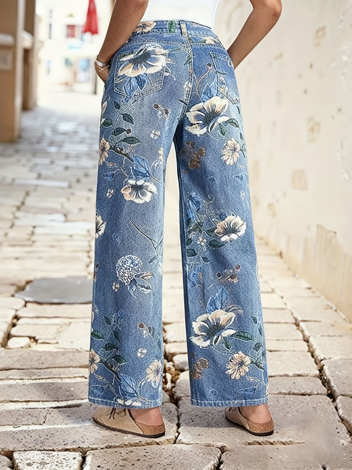 Women's loose barrel jeans print wide leg jeans fashion loose printing
