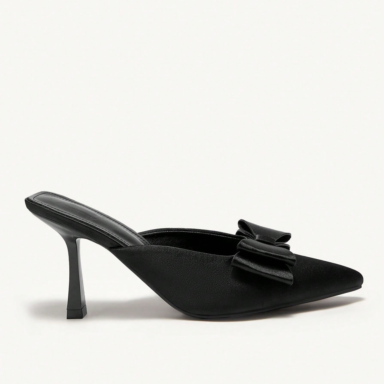 Women's Black Satin Pointed Toe Kitten Heel Mules with Bow - Elegant Party Office Shoes