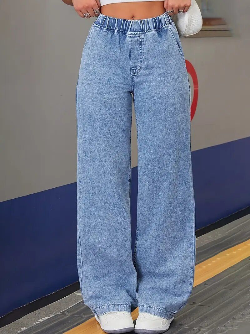 欧美潮流宽松休闲阔腿高腰橡筋弹力牛仔裤女