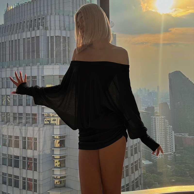 Foreign trade women's dress summer new long sleeve sexy pure style one-line collar pleated tight hip dress