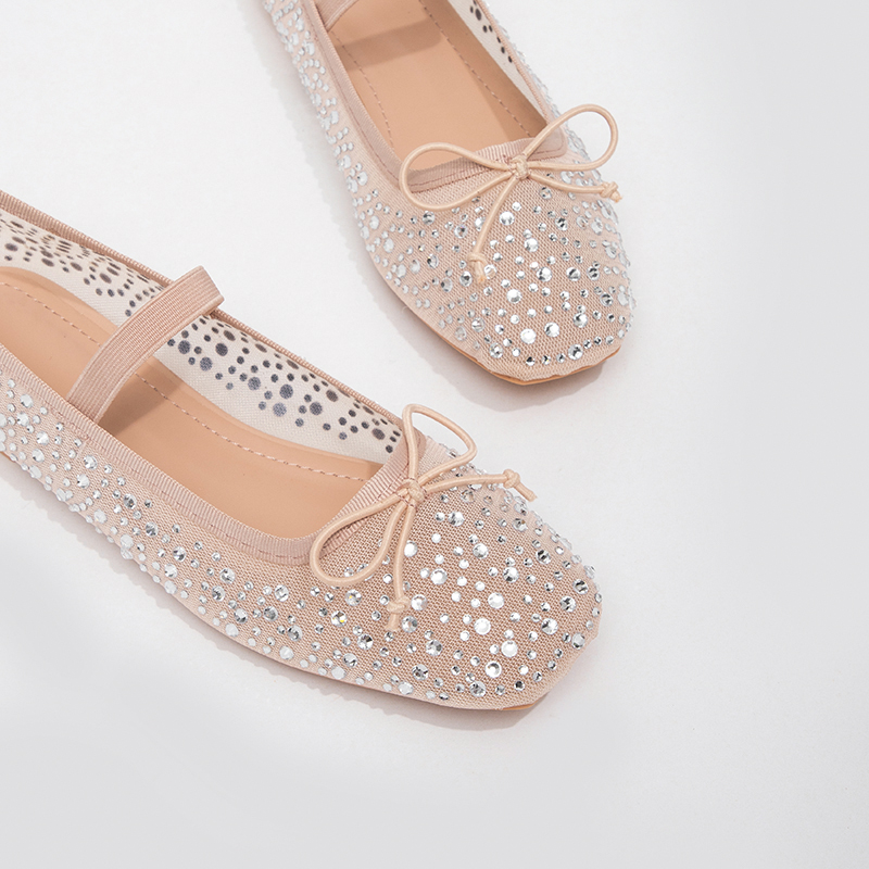 Mesh rhinestone flat shoes soft bottom breathable bow shallow shoes