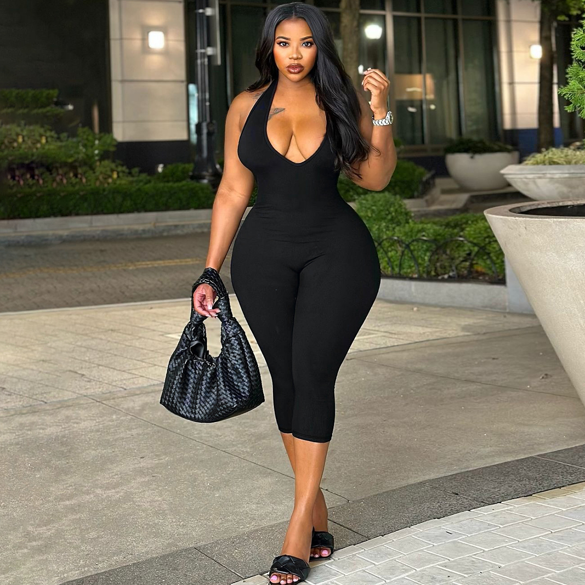 Foreign trade hot sale large size women's clothing summer new fashion sexy backless solid color sports slim neck jumpsuit