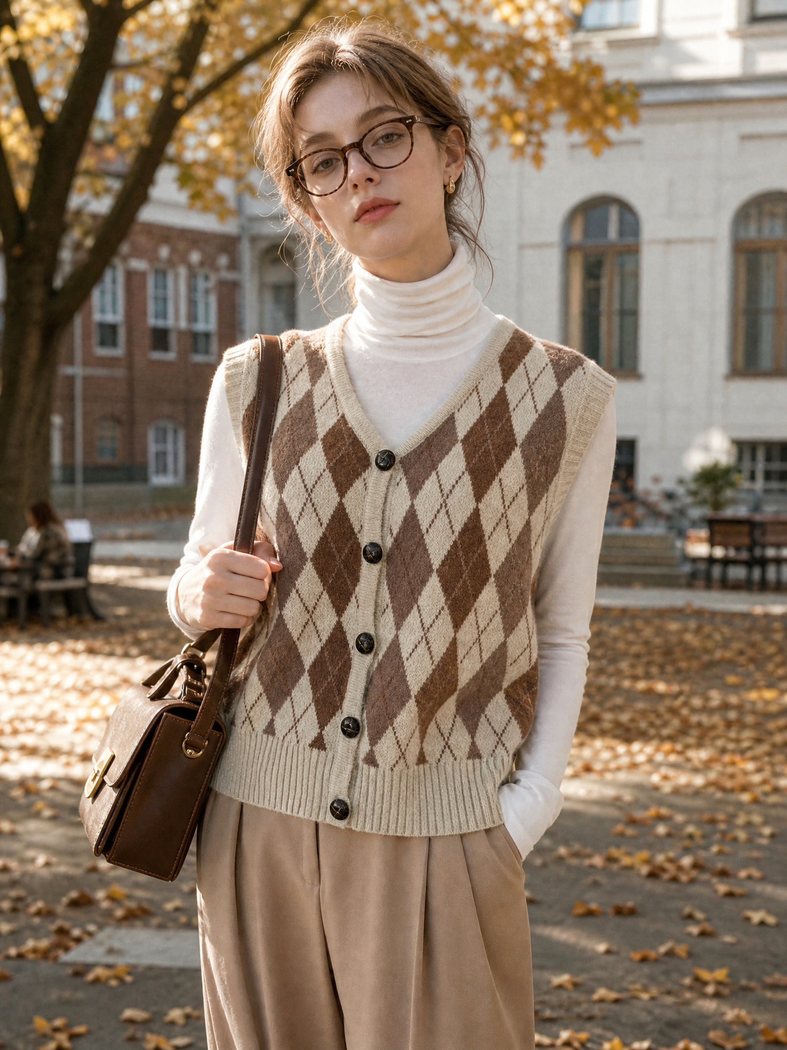 Caramel Brown rhombus knitted vest retro college style slimming all-match sleeveless top