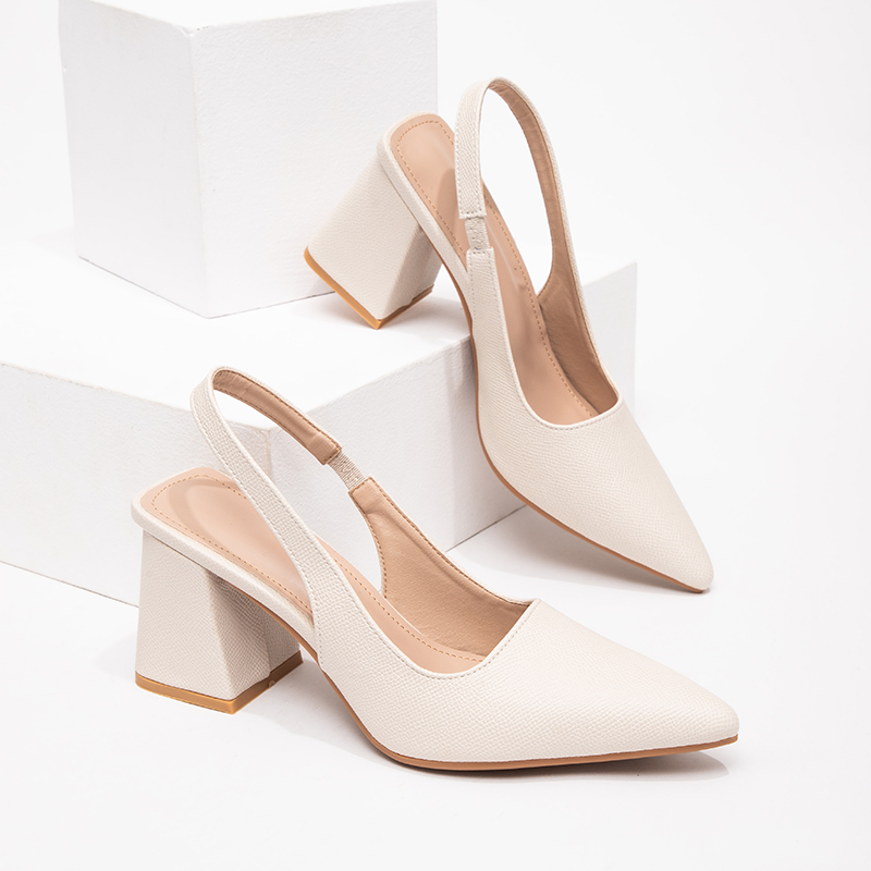 White pointed back empty thick heel sandals