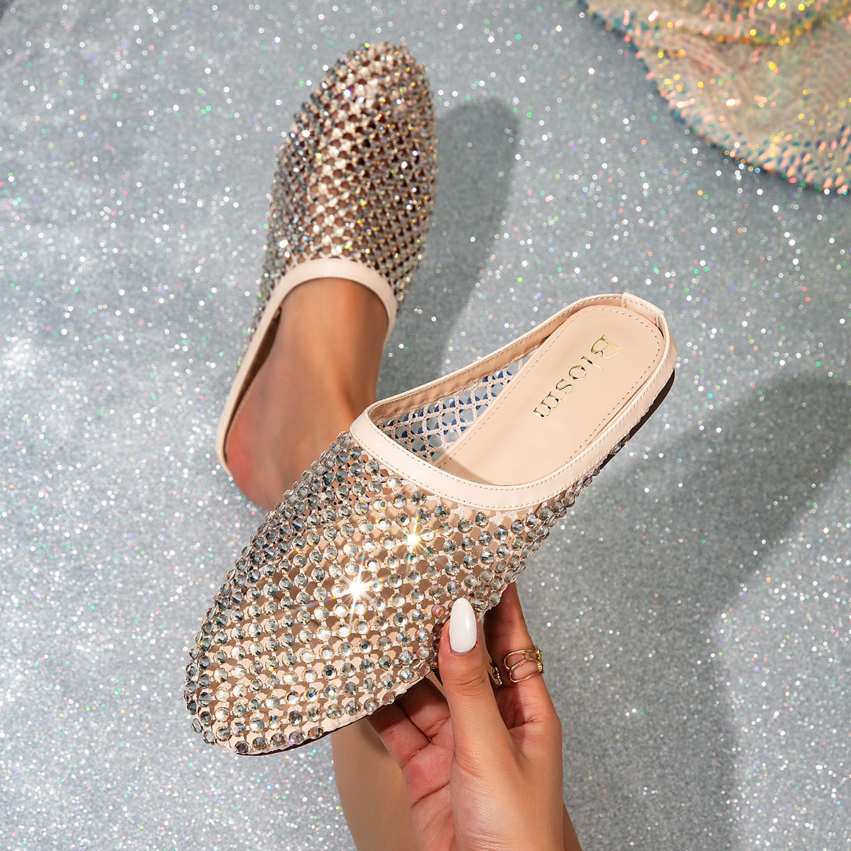 Women’s Rhinestone Mesh Mule Slippers, Breathable Net-Top Fully Rhinestone–Embellished Flat Half-Slippers, Summer Outdoor Sandals