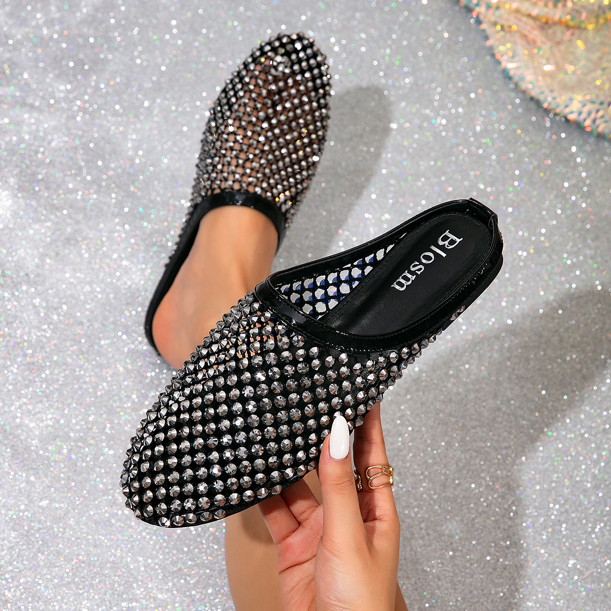 Rhinestone mesh Muller slippers women's breathable mesh surface full diamond flat bottom half mop summer outdoor sandals