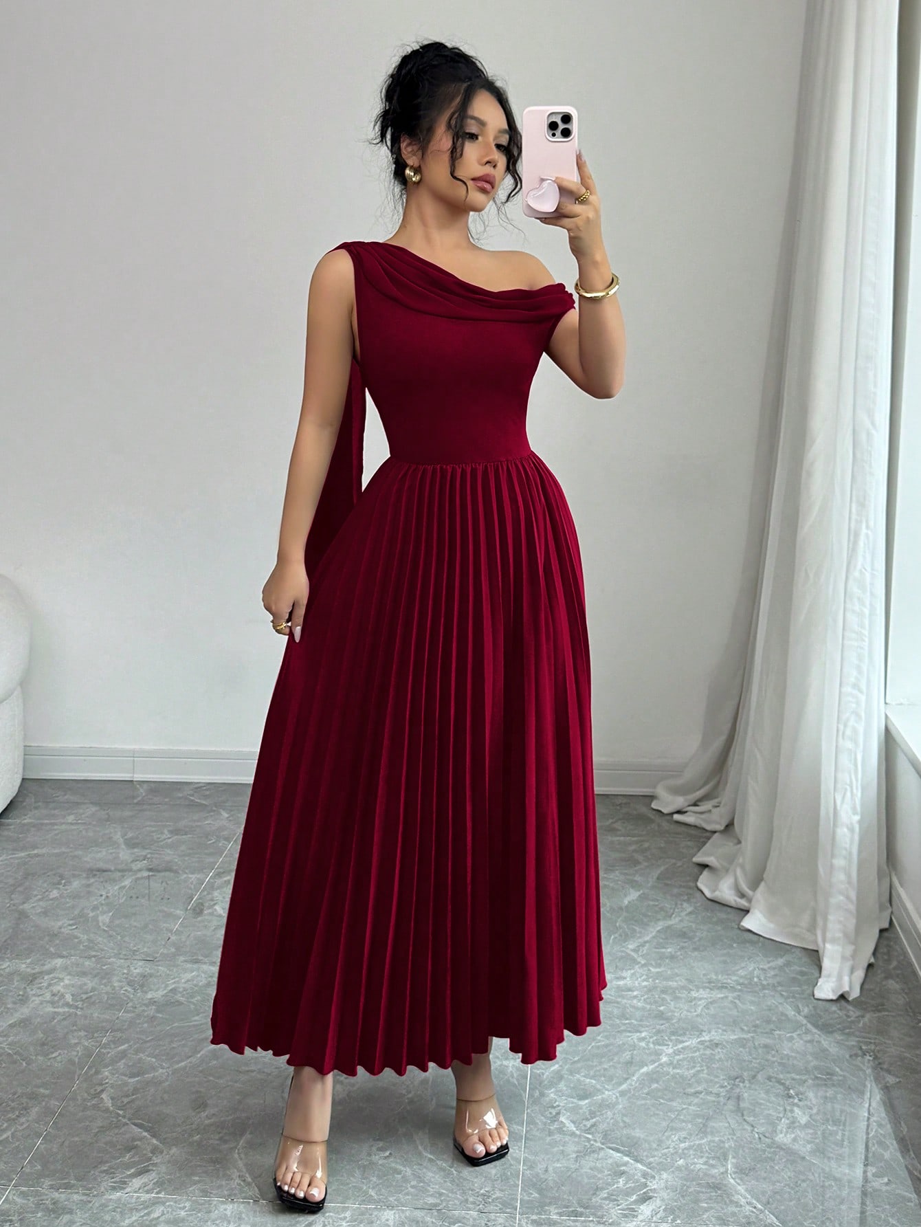 Elegant Solid color asymmetrical collar dress elegant pleated waist slimming dress