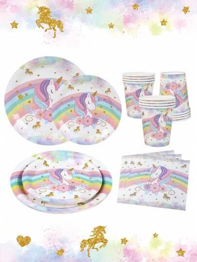 彩虹独角兽主题 unicorn节日派对一次性纸盘拉旗帽子桌布派对装饰