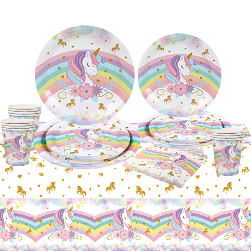 彩虹独角兽主题 unicorn节日派对一次性纸盘拉旗帽子桌布派对装饰