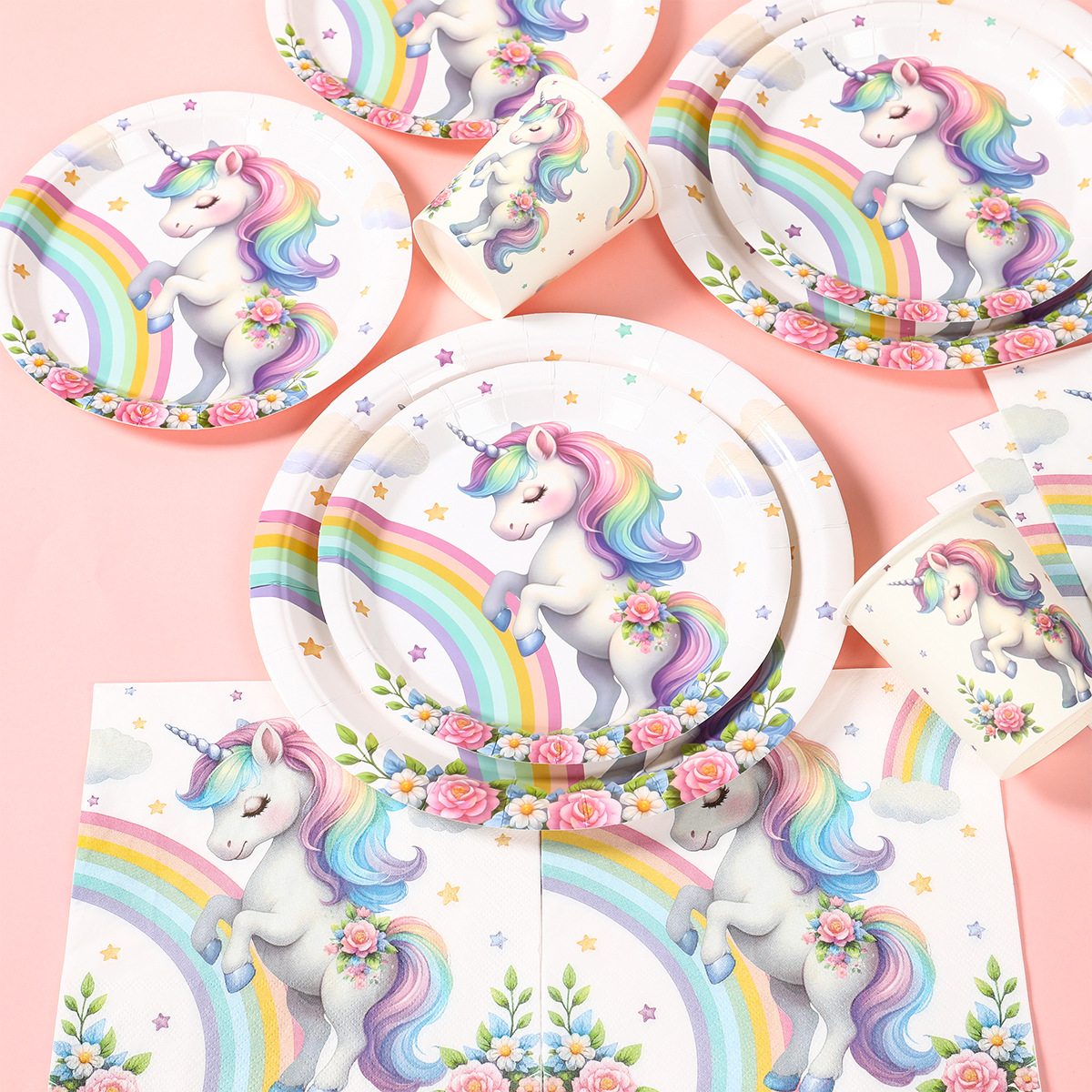 彩虹独角兽主题 unicorn节日派对一次性纸盘拉旗帽子桌布派对装饰