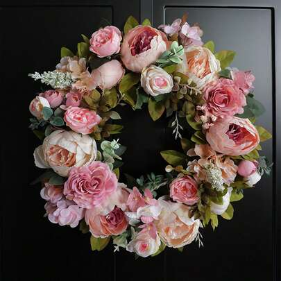 爆款跨境春季牡丹花环粉色情人节绣门庭装饰亚马逊Spring wreath