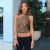 性感辣妹风女装豹纹印花斜肩无袖飘带短款紧身小背心上衣