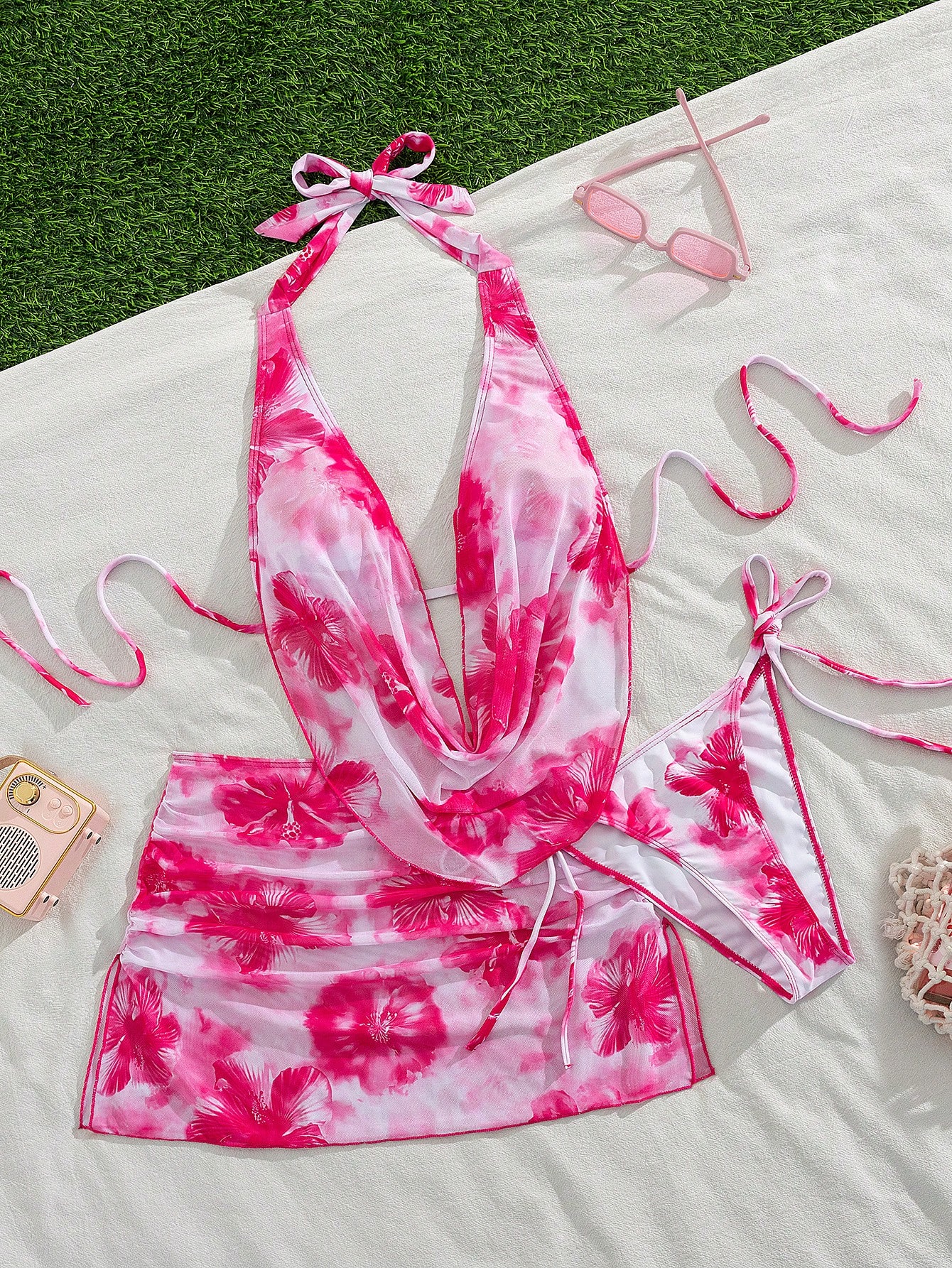3-piece set summer vacation sexy flower swinging collar neck beautiful back drawstring triangle cup bikini set hip mesh pleated split skirt