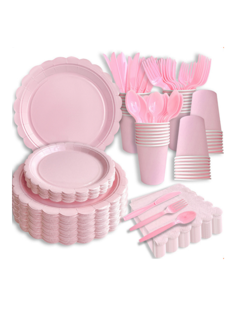 纯色主题派对餐具粉色花边生日派对用品一次性餐具套装纸盘刀叉勺