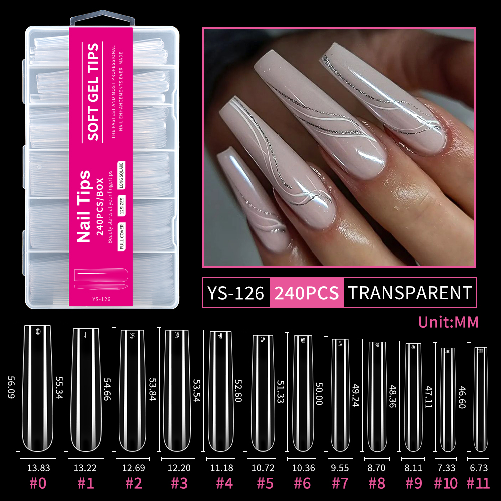 Semi-full coverage, light-fitting, extended, ice-clear, seamless, 240 pieces XXXL thin dog-transparent nail art stickers, full size range of fake nails