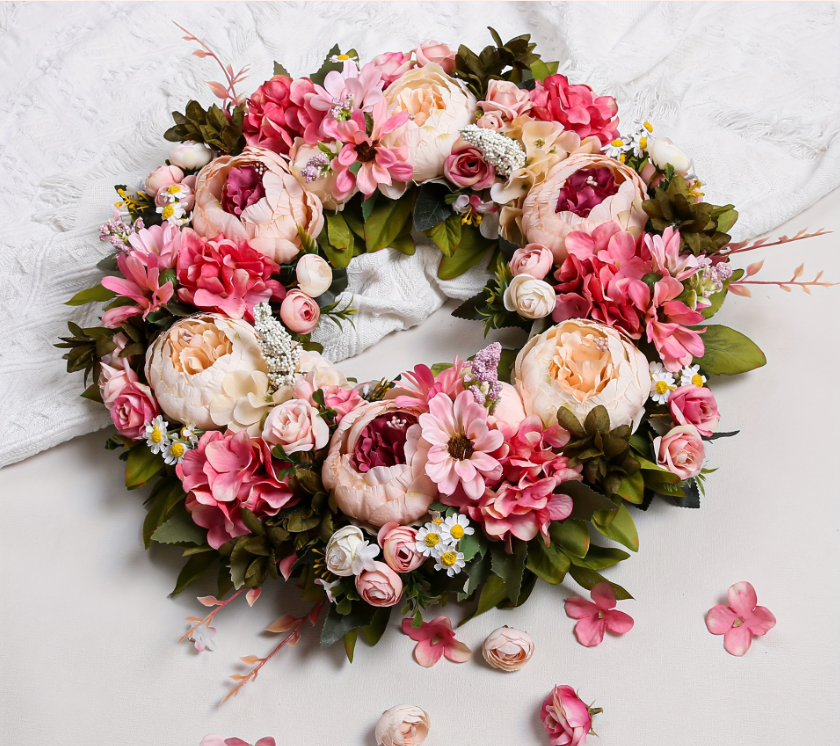 爆款跨境春季牡丹花环粉色情人节绣门庭装饰亚马逊Spring wreath