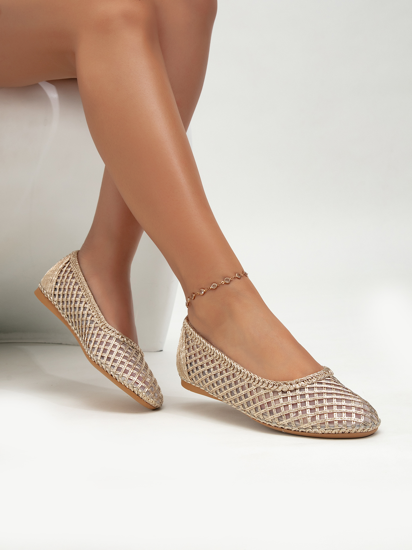 Plaid mesh ballet flats, breathable mesh low-cut shoes, versatile summer fairy-style flats