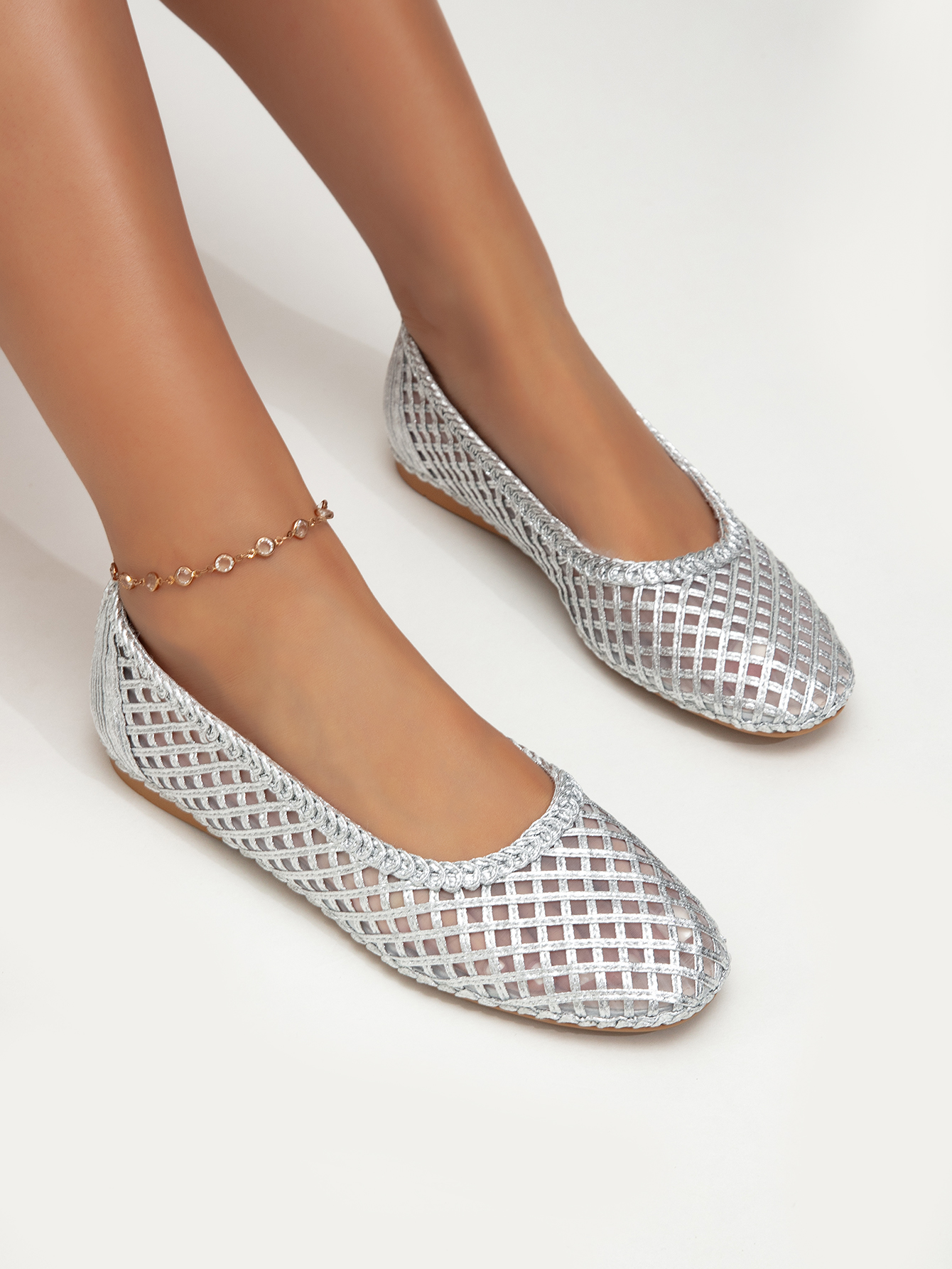 Plaid mesh ballet flat shoes breathable mesh shallow mouth single shoes summer versatile fairy style flat shoes