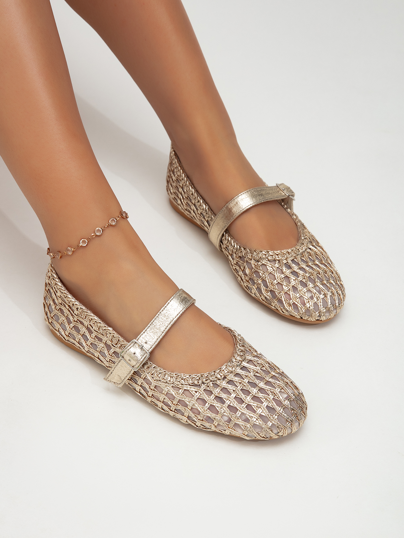 Woven mesh Mary Jane flat shoes breathable hollow-out buckle single shoes summer fairy style commuter shoes