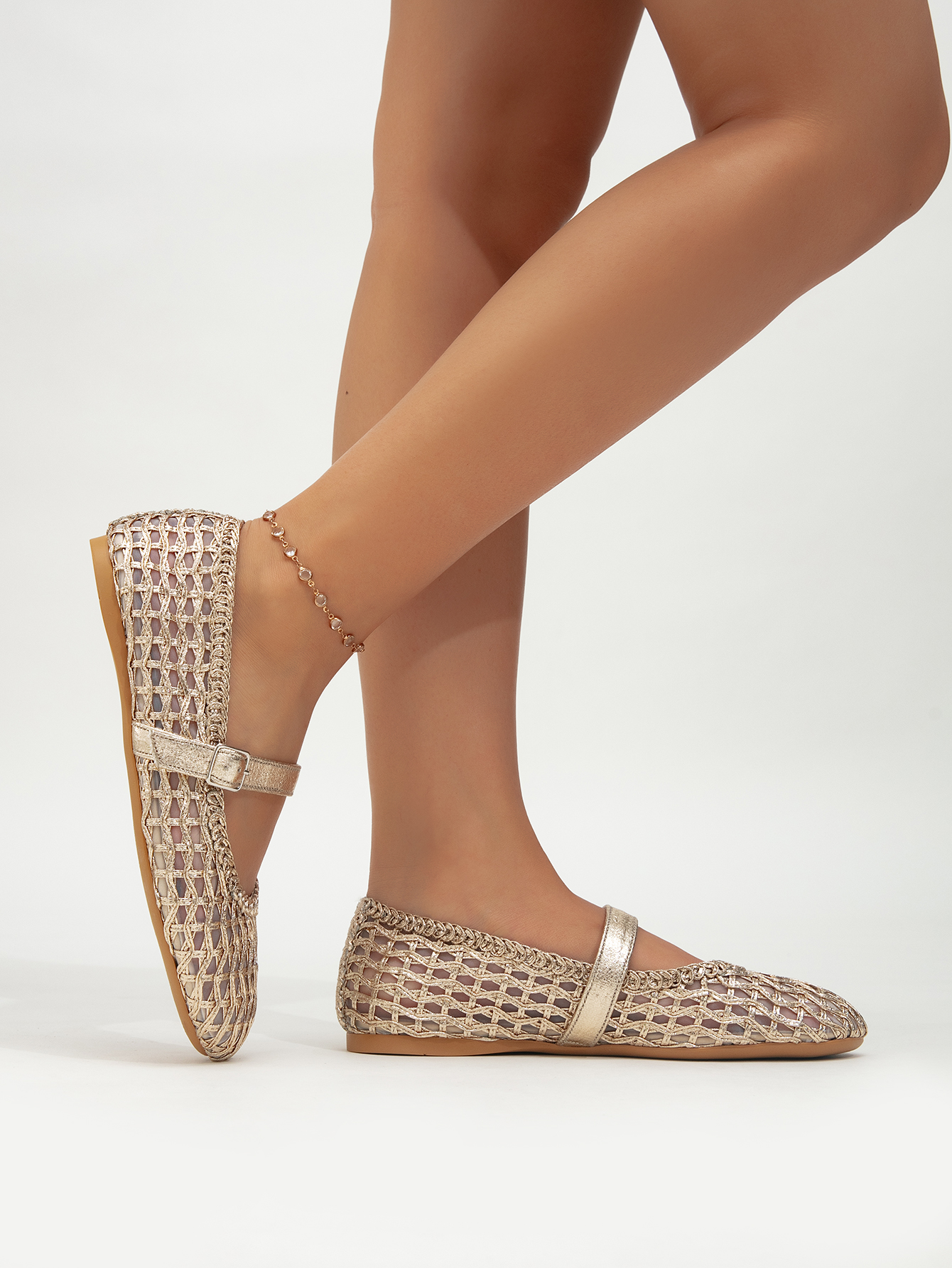 Woven mesh Mary Jane flat shoes breathable hollow-out buckle single shoes summer fairy style commuter shoes