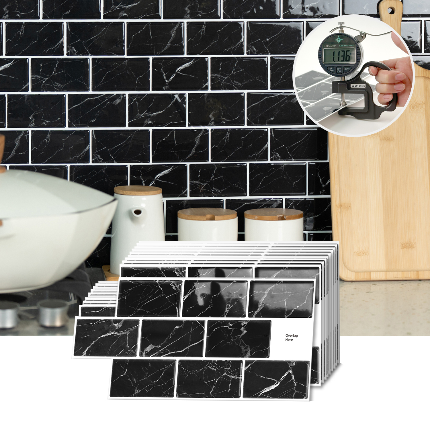 Black marble pattern self-adhesive wall stickers waterproof oil-proof imitation ceramic tile stickers background renovation