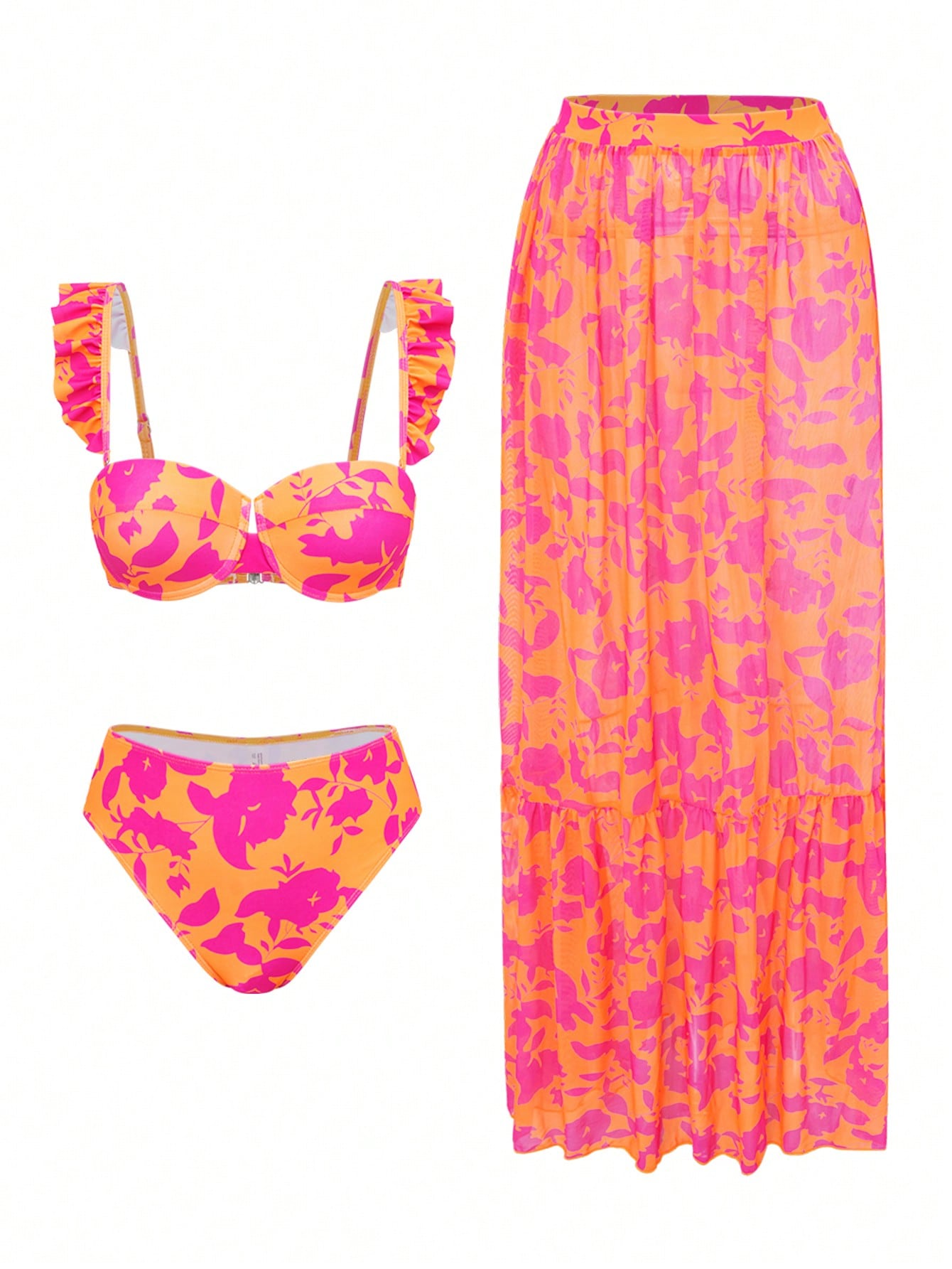 Fashion New style hard Cup gathered bikini and half-length dress women's swimsuit three-piece set