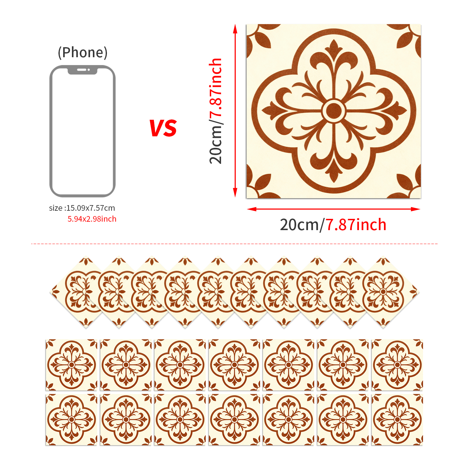 经典花式自粘墙面贴饰 多种图案 哑光质感花砖 防潮隔热稳固贴合 拆装无痕不伤基面 外贸电商热销单品