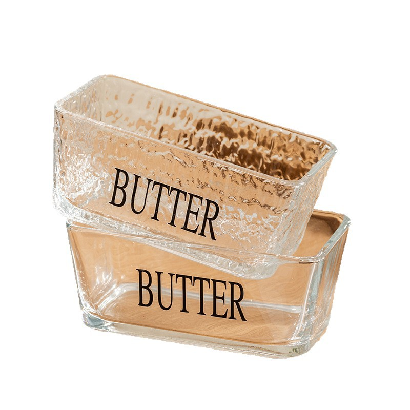Western-style glass butter container with lid and spreader, rectangular household cheese保鲜seal jar, home cheese box