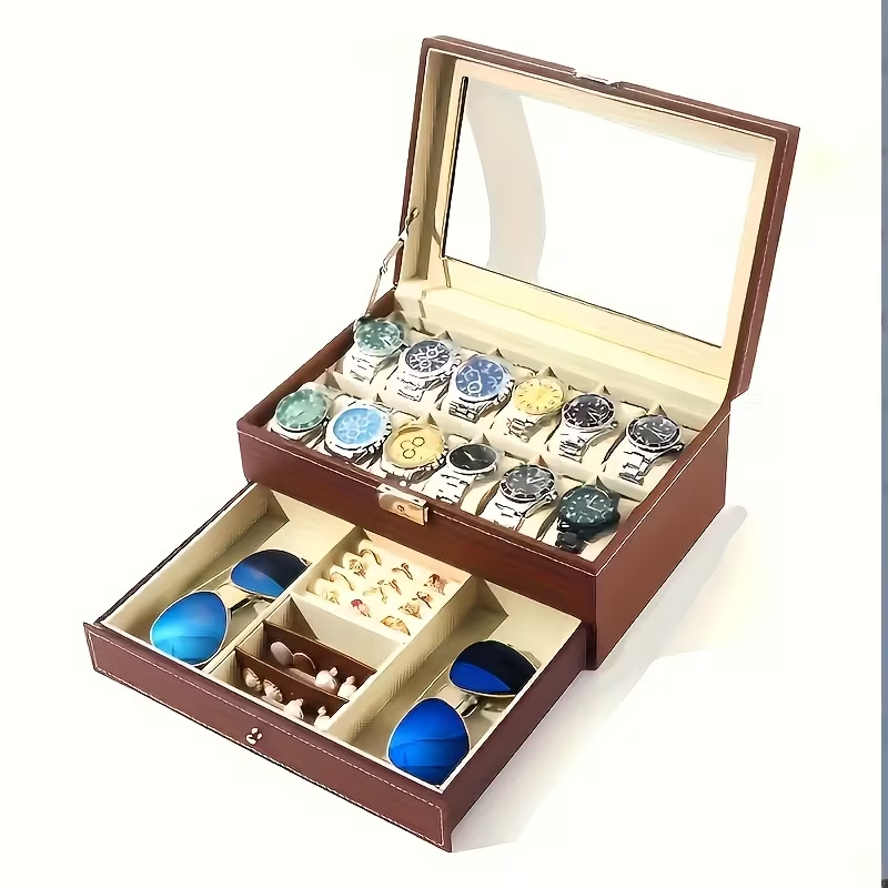12-grid watch storage box with lock glass cover, double-layer watch storage display stand, with 2 drawers for storing rings and bracelets