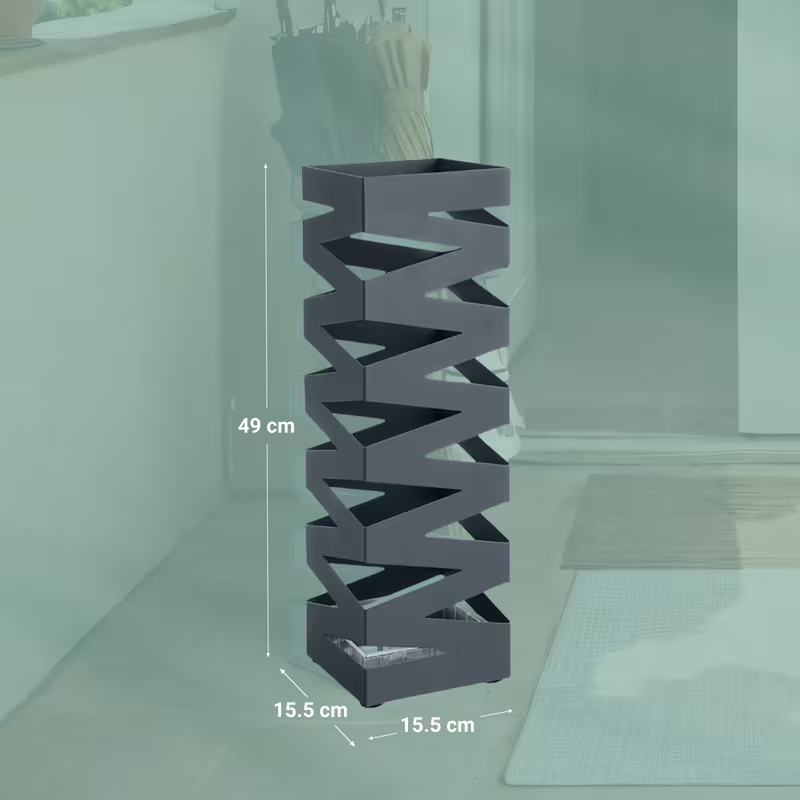 尺寸 15.5×15.5×49 厘米 金属方形雨伞架，带 6 个挂钩与可拆卸接水盘
