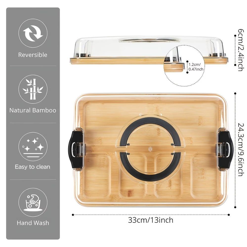Bamboo tray with transparent cover 1 bamboo cooked cheese grid tray with handle sealed lock cover grid tray, 5 grid partition snack plate portable plate for parties, picnics, camping and gift packaging