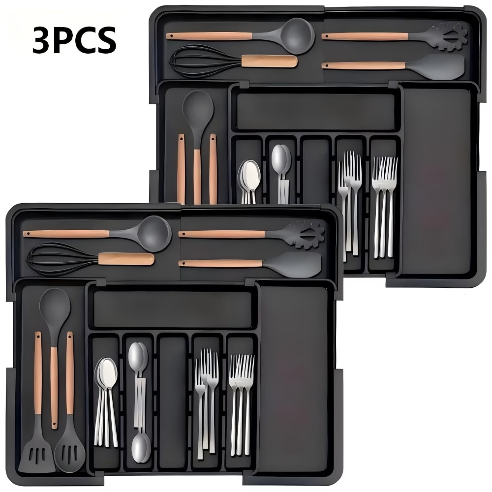Retractable Kitchen Cutlery drawer storage box, nine grid partition design, large capacity knife and fork plate (can put soup spoon and other kitchenware), plastic tableware storage rack with adjustable separator plate