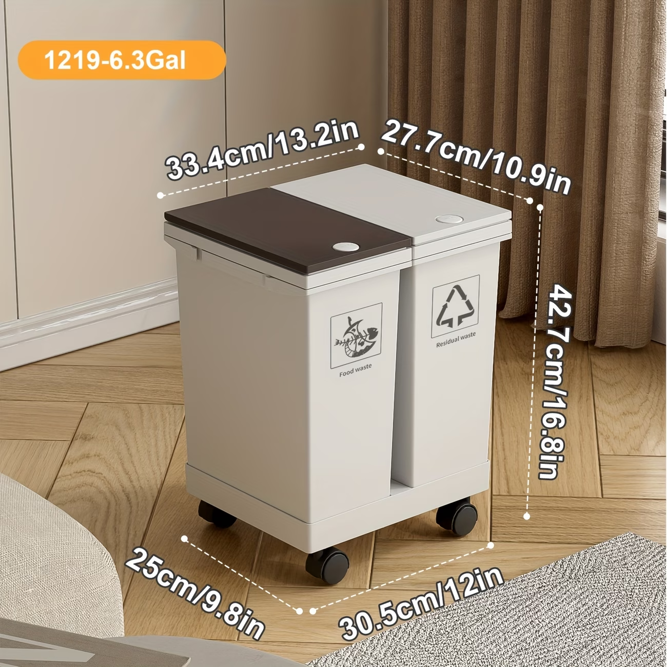 60 liters/36 liters/24 liters multi-grid large-capacity kitchen plastic trash can, with independent classification bin, with roller movable, anti-odor, dry-wet separation