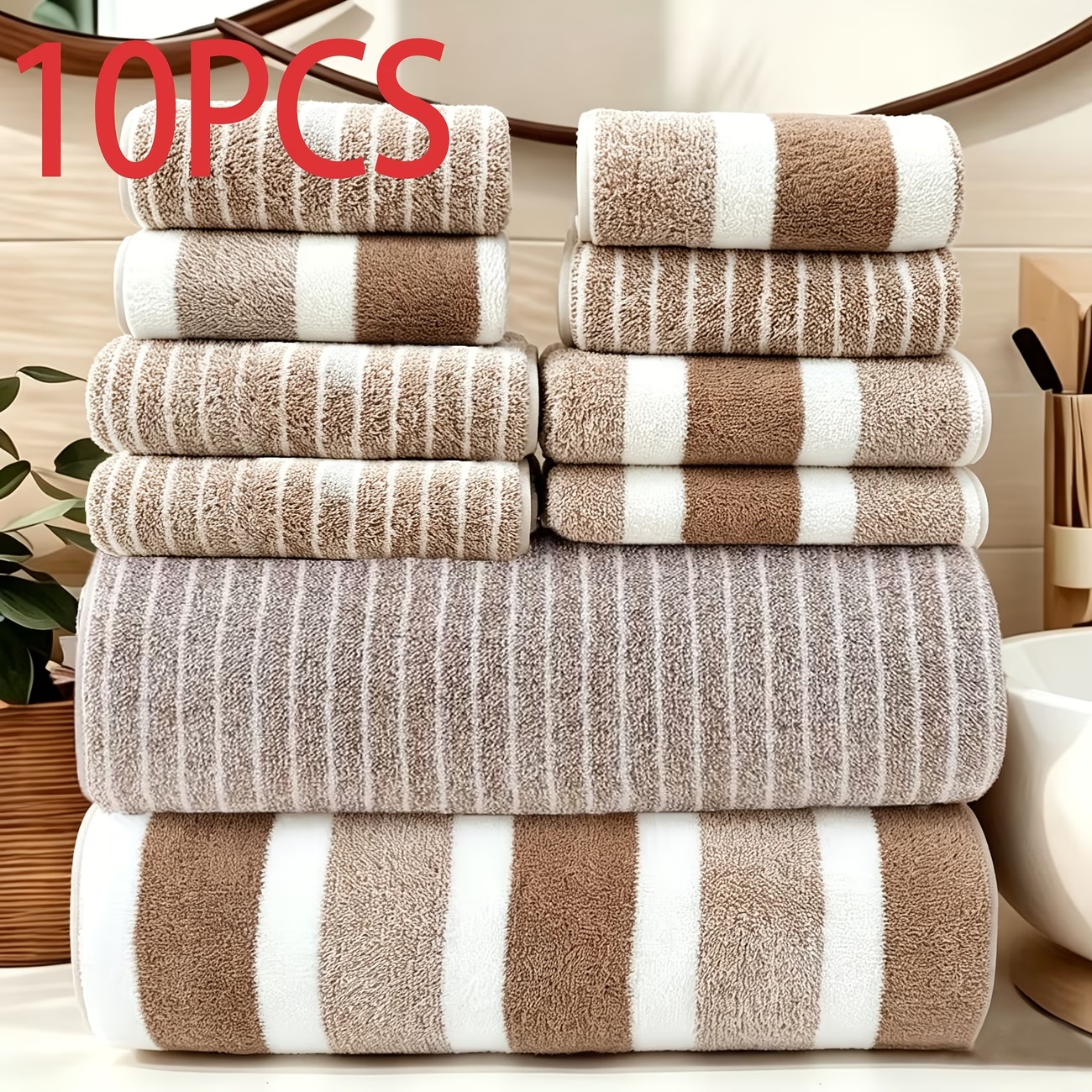 Ten-piece coral fleece bath towel set, striped, daily use, can be used as bath towel, dry hair towel, summer swimming towel
