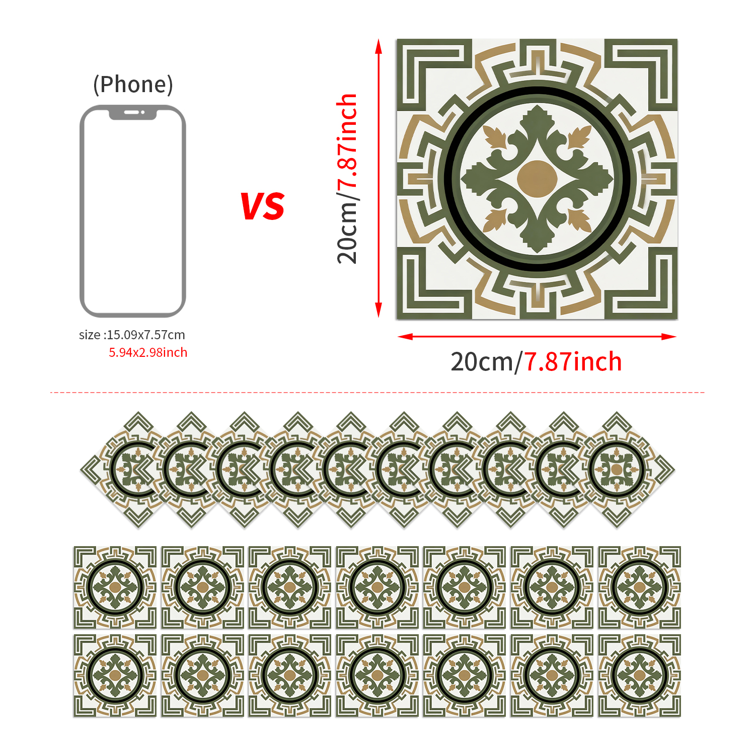 经典复古花式自粘墙面贴饰 多种图案 哑光质感花砖 防潮隔热稳固贴合 拆装无痕不伤墙面 防水防油防污 