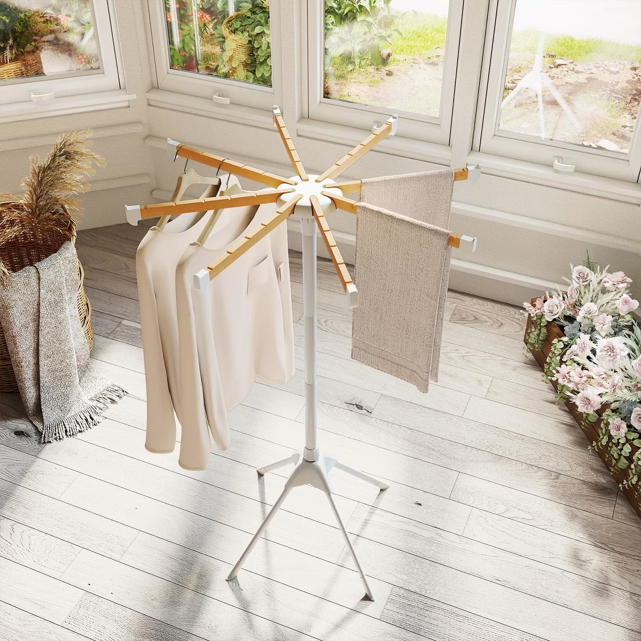 Folding floor drying rack, with 8 bamboo hanging rods, four-leg stable drying rack