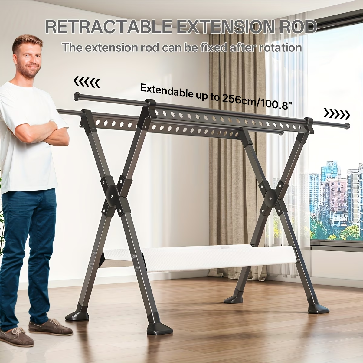 90-inch thickened stainless steel retractable clothes hanger, adjustable length, double-layer space-saving design, indoor and outdoor dual-use retractable clothes hanger, indoor clothes hanger