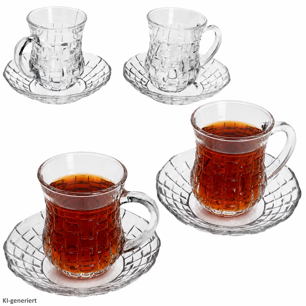 4 件套带把手玻璃杯配杯碟 125 毫升浮雕透明茶杯，四人份