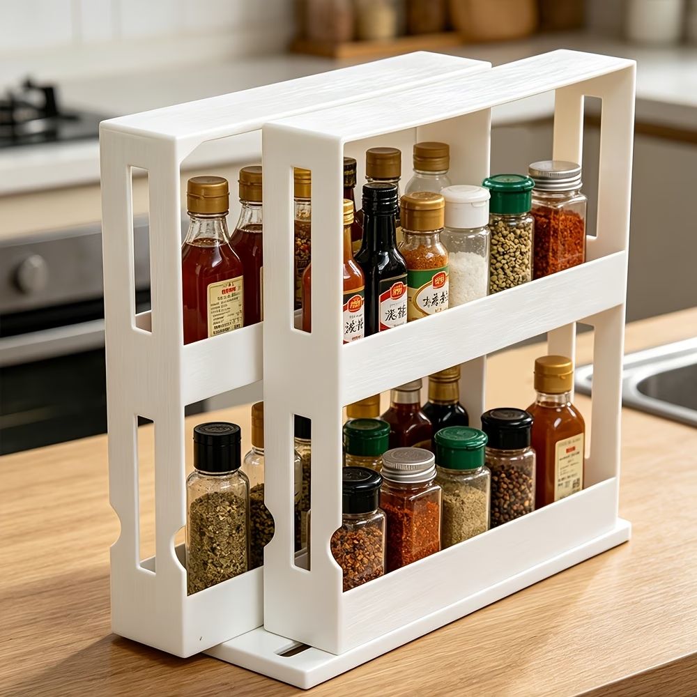 Double-layer kitchen storage rack 90 ° rotating turntable plastic table storage rack, storage seasoning bottle