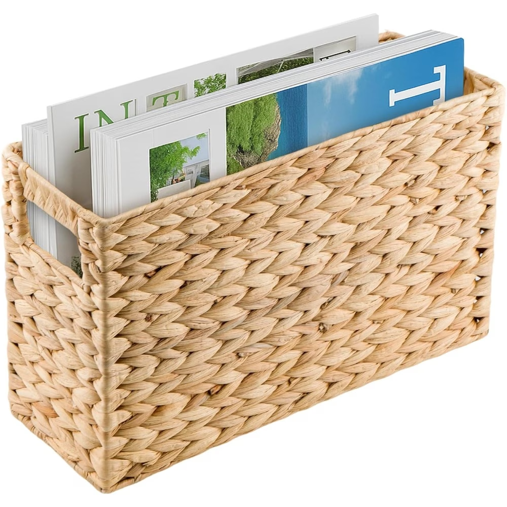 Natural water hyacinth hand-woven narrow storage basket, living room, office, desktop storage basket/laundry basket dual-use