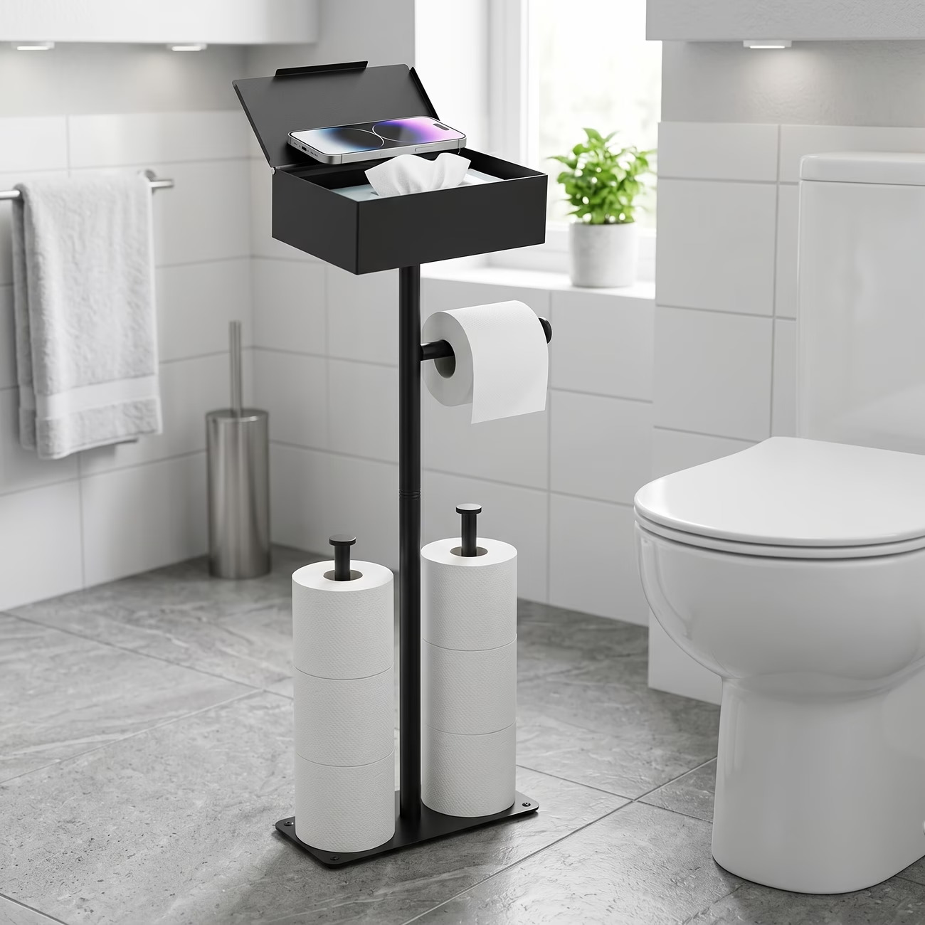 Black toilet paper rack with storage rack | Bathroom independent roll paper rack, wall-mounted desktop dual-use paper towel storage rack