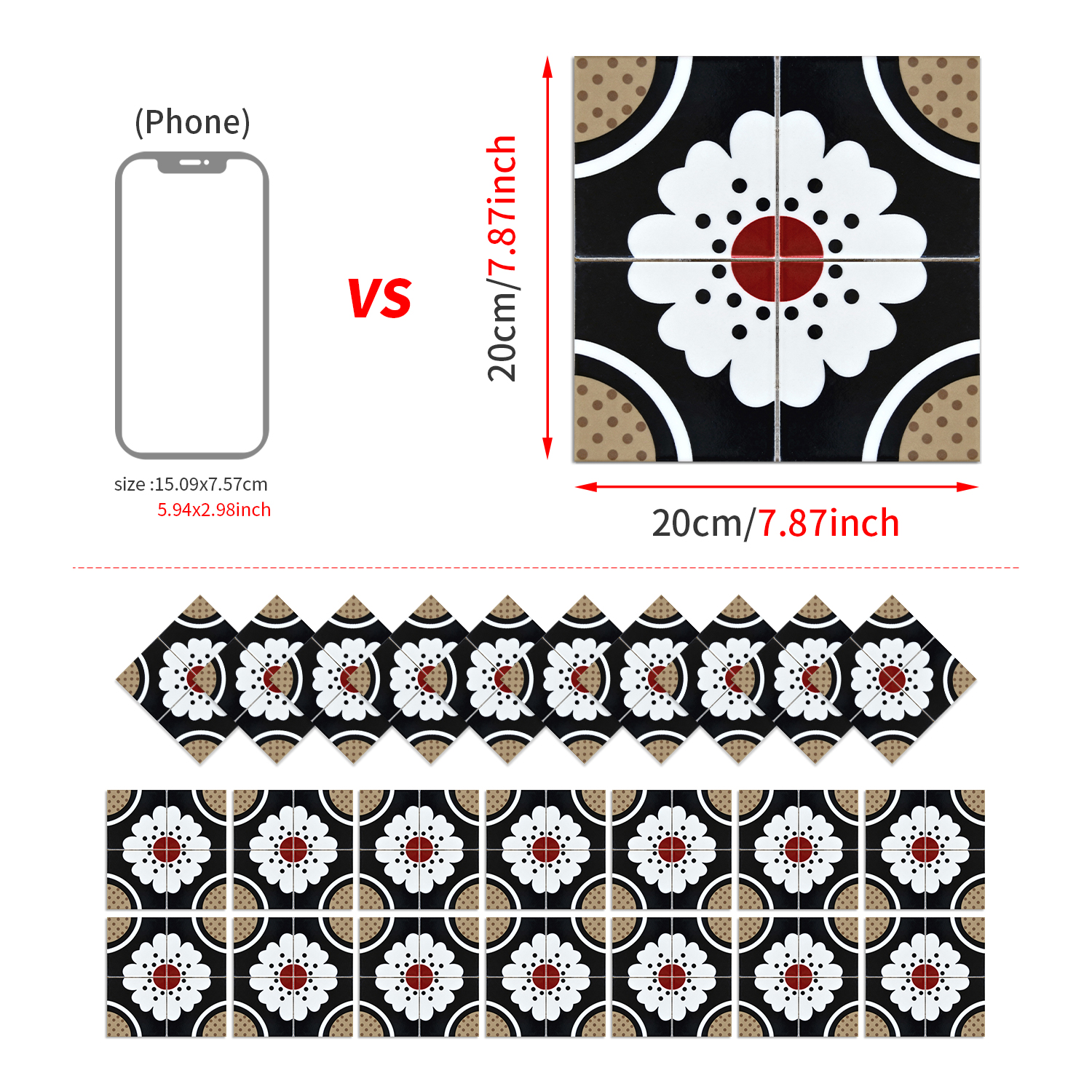 经典复古花式自粘墙面贴饰 多种图案 哑光质感花砖 防潮隔热稳固贴合 拆装无痕不伤墙面 防水防油防污 