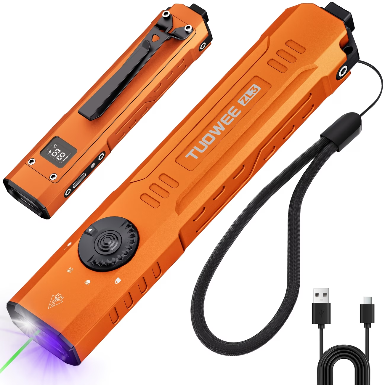 1500 流明超薄战术手电筒 三光源 EDC 多功能手电 白光 + 365 紫外线 户外居家可充电